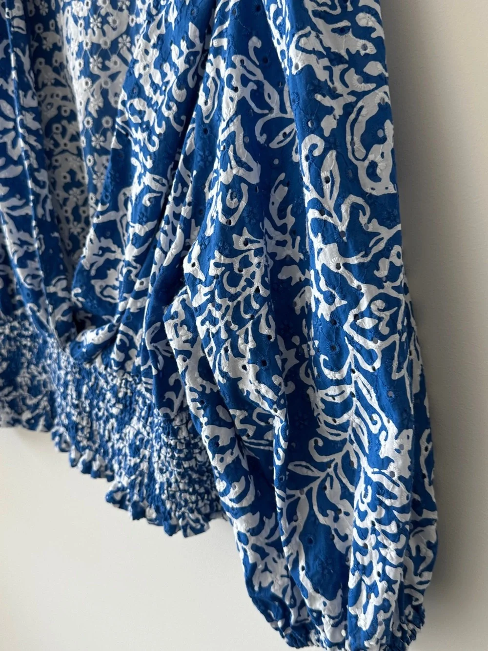 Zara Blue and White Floral Print V-Neck Smocked Waist Blouse